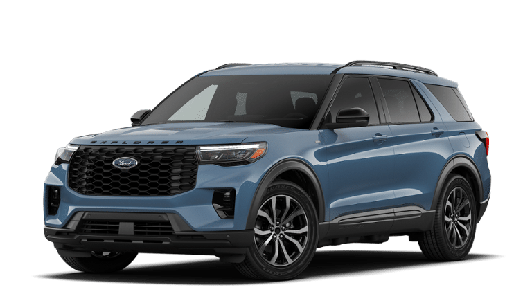 2026 Ford Explorer ST-Line in Vapor Blue Metallic — front three-quarter view